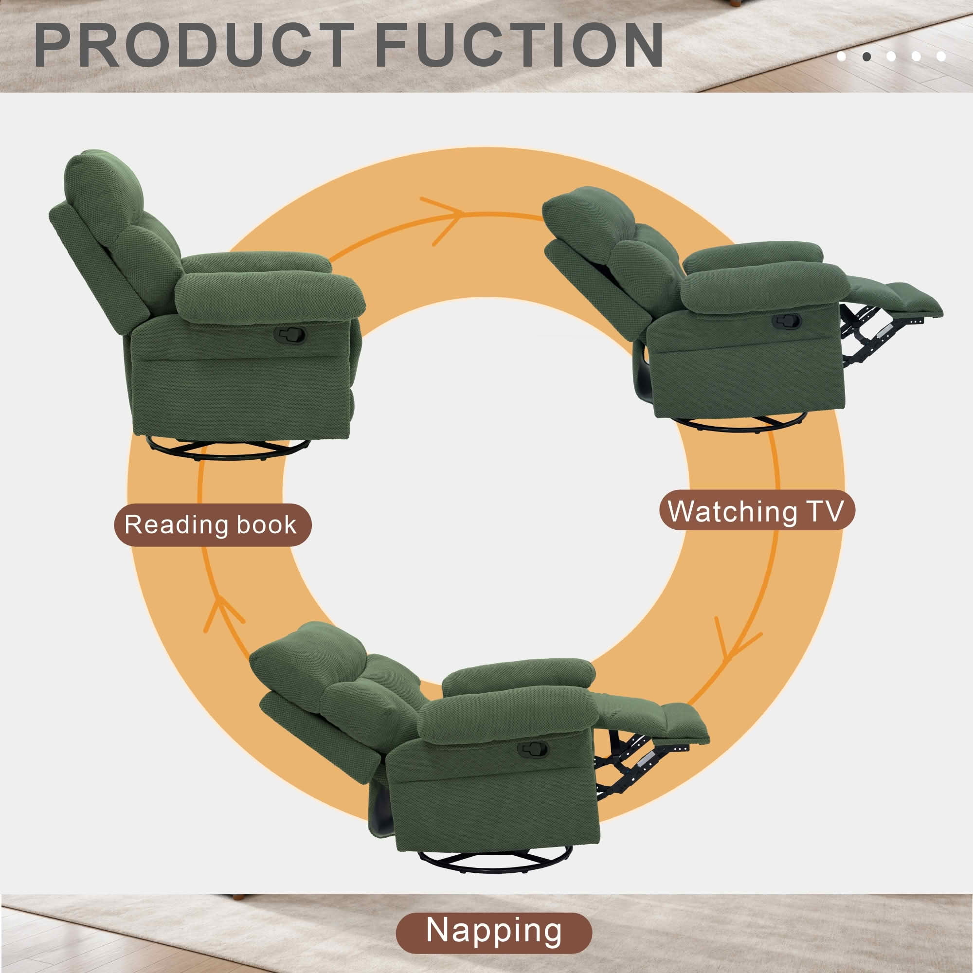 MAYEERTY 41 In Swivel Rocker Recliner, 360 Degree Manual Glider, Overstuffed, Dark Green, 300 lb