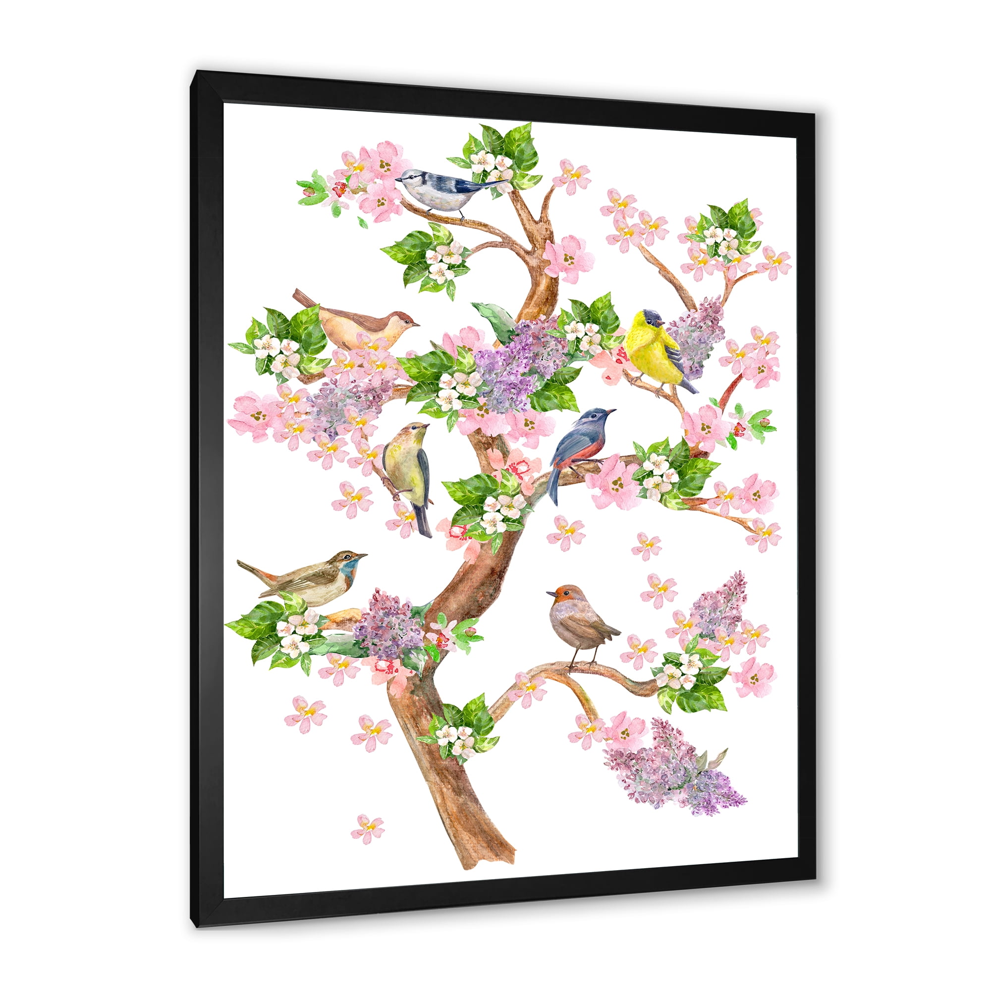 Tree With Colorful Birds Sitting On Flowering Branches 12 in x 20 in Framed Painting Canvas Art Print, by Designart