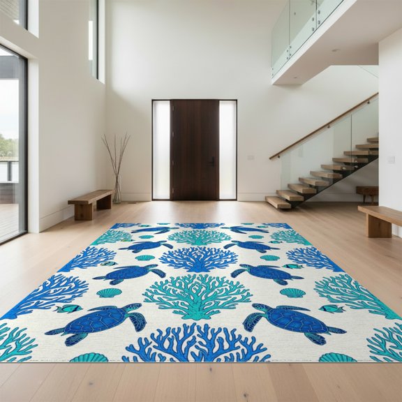 Design&I 8'x10' Washable Area Rug Extra Large Skid-Resistant Low Profile Coral Seashell Motifs Marine Reef Border Ocean Nautical Fish Turtle Refined for Living Room, Family