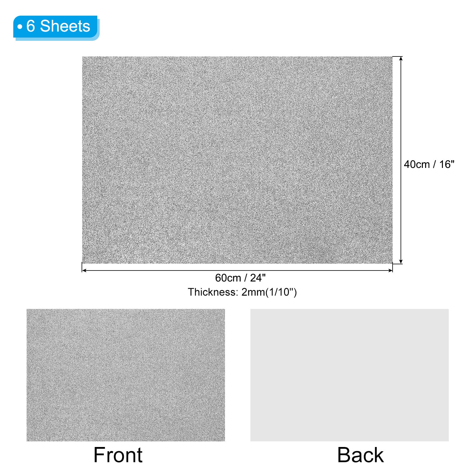 Uxcell 2mm(1/10") Thick Adhesive Glitter Foam Sheet 16x24inch(40x60cm) Gray, EVA Shiny Foam Board for Craft, 6 Pcs