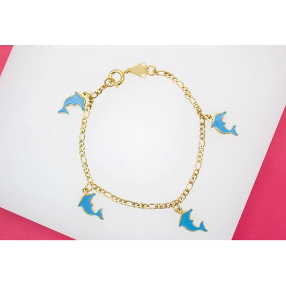 18K Gold Filled Dangle Enamel Dolphin Charm Bracelet
