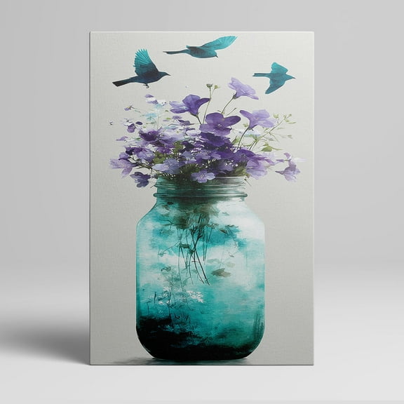 1pc Blue - tinted Mason Jar with Purple Flowers and Flying Birds Framed Decor room hanging Wall Picture Decor for Home Gifts, living room, bathroom, bedroom, kitchen wall art decor canvas wall art