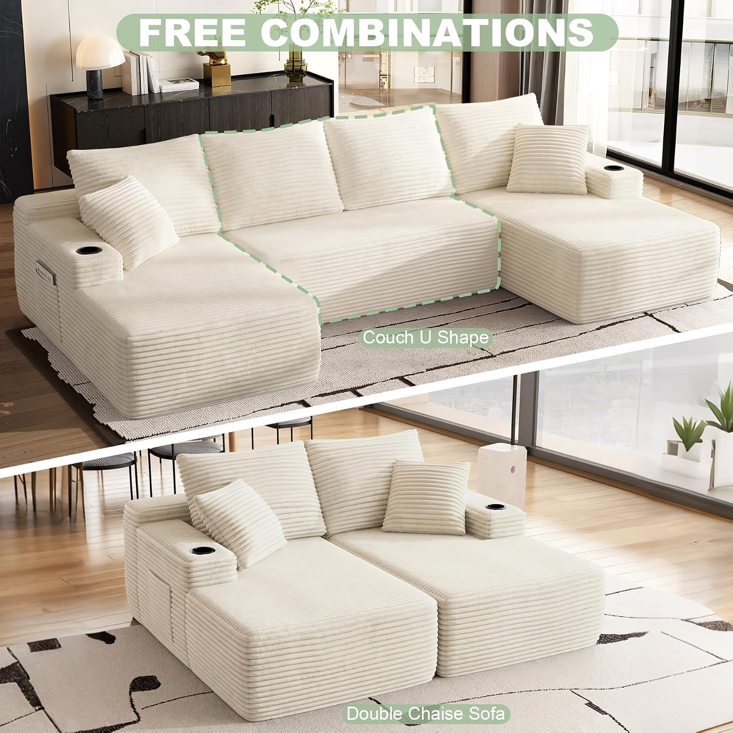 134" Compressible U Shaped Modular Sectional Sofa Set, Minimalist Corduroy Cloud Couch for Living Room, No Assembly Required