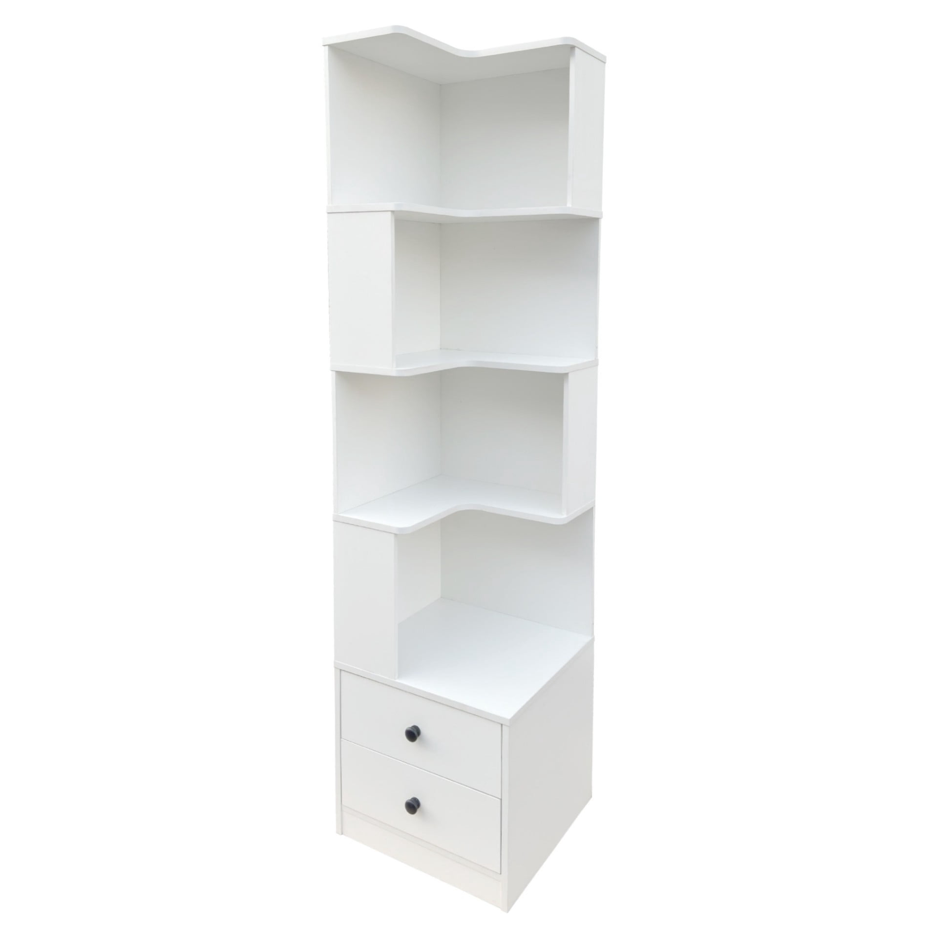 Corner Bookshelf with Drawers, 4 Tier L Shaped Corner Shelf with LED Lights, Small Space Corner Bookcase Storage Organizer for Living Room Bedroom Office, White