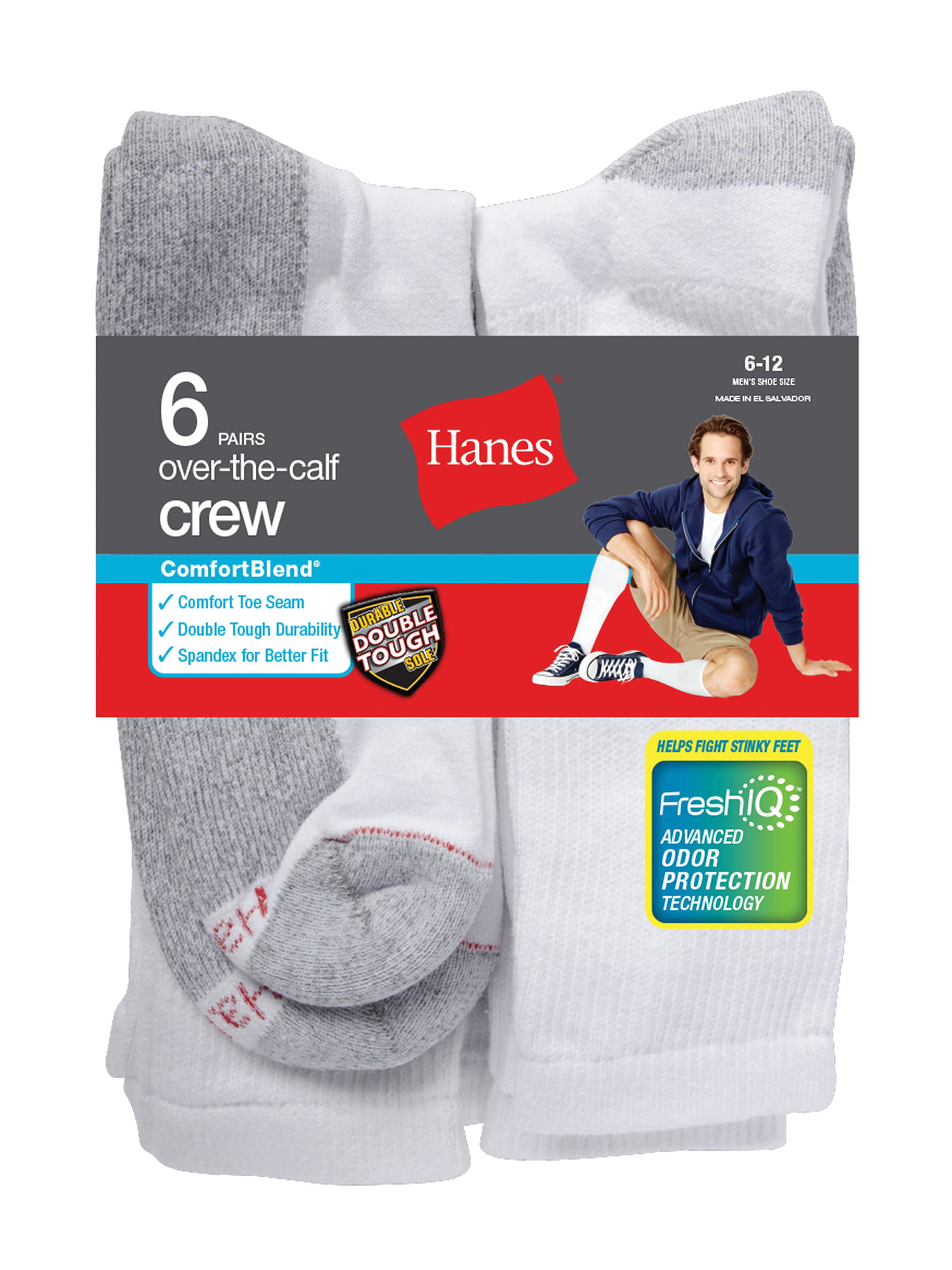 Pack of 6 Hanes Mens FreshIQ ComfortBlend Over-The-Calf Socks