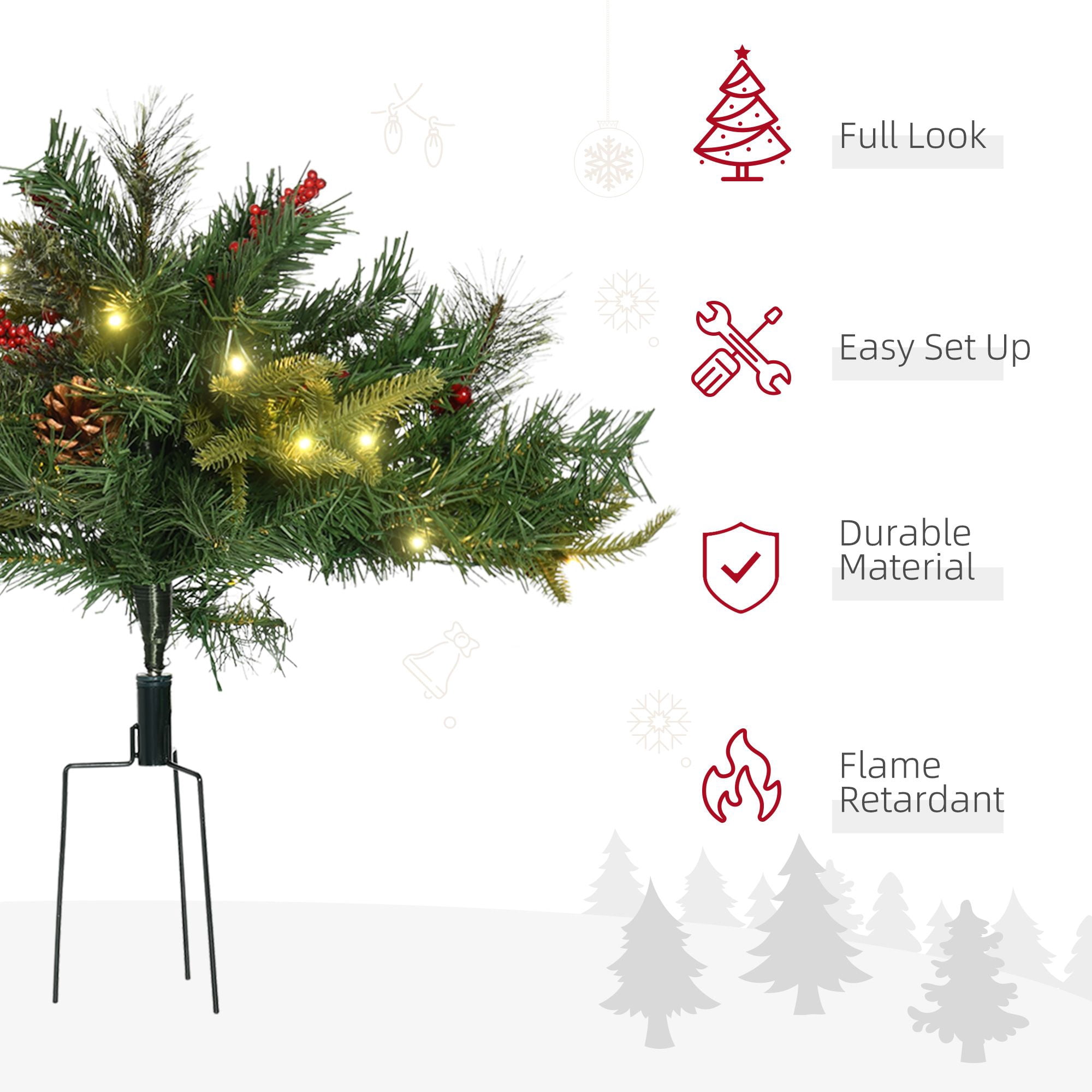 Prelit Artificial Christmas Tree, 2 ft Cordless with Warm White LED Lights, Red Berries and Pine Cones for Outdoor Entryway