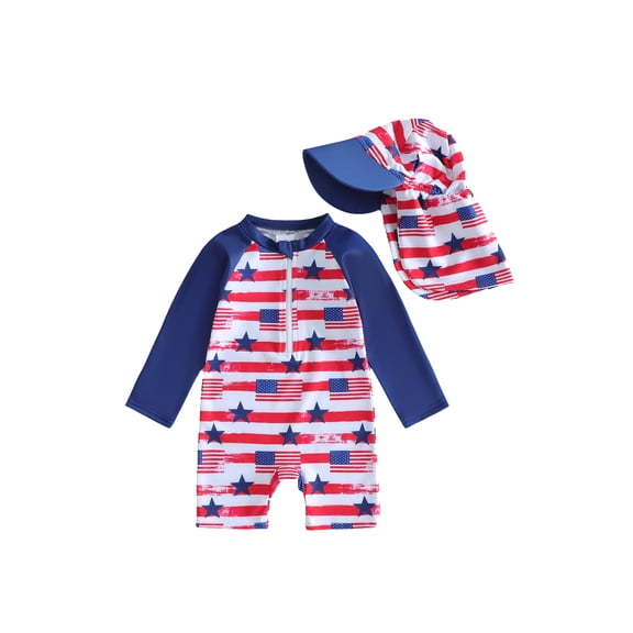 Cenuakty Newborn Baby 3M 6M 12M 18M 2T 3T Boy Swimsuit Set 4th of July America Flag Print Mock Neck Long Sleeve Rash Guard Swimwear and Sun Hat
