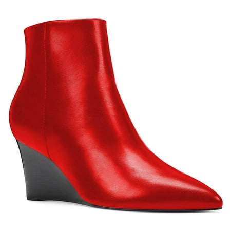 YDN Women Pointy Toe Ankle Boots Side Zipper Mid Wedge Heels Short Booties Formal Dress Party Shoes Size 15 Red