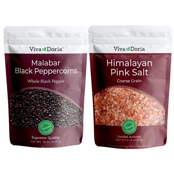 Viva Doria Malabar Peppercorn Whole 12 oz and Himalayan Pink Salt Coarse 2 lb for Grinder Refills