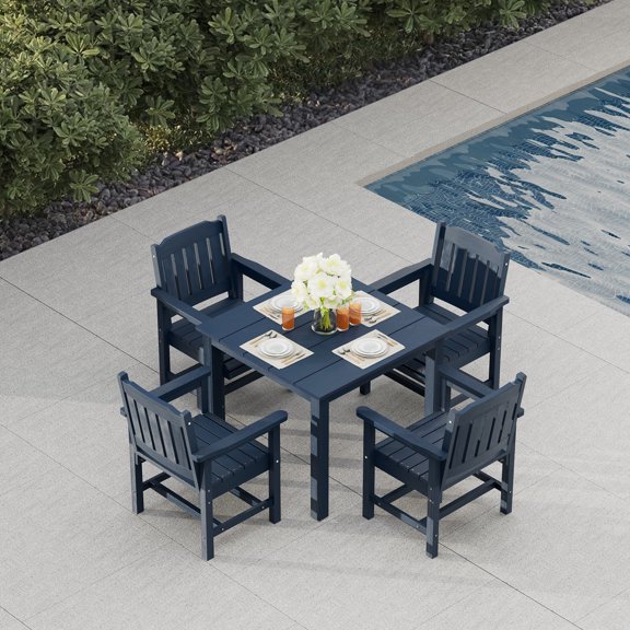 Mosbrisa Poly Lumber Patio Dining Set, HIPS Outdoor 36.2-Inches Dining Table and Slat Back Chairs, with Umbrella Hole, Weather Resistant, 5 Pieces, Navy Blue