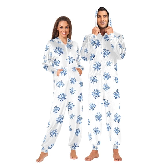 Adult Christmas Onesie Snowflake Blue Adult Zipper One-Piece Pajamas Unisex Pajamas with Pockets