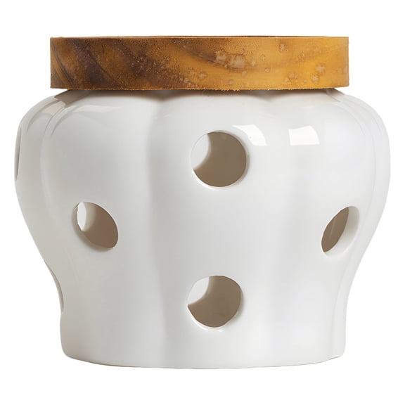 White Ceramic Garlic Keeper Jar Container, 4.4 x 3.7 in / 11.2 x 9.5 cm Food Storage with 12 Vents and Wood Lid, Breathable Garlic Ginger Keeper for Counter, Modern Farmhouse Kitchen Decor