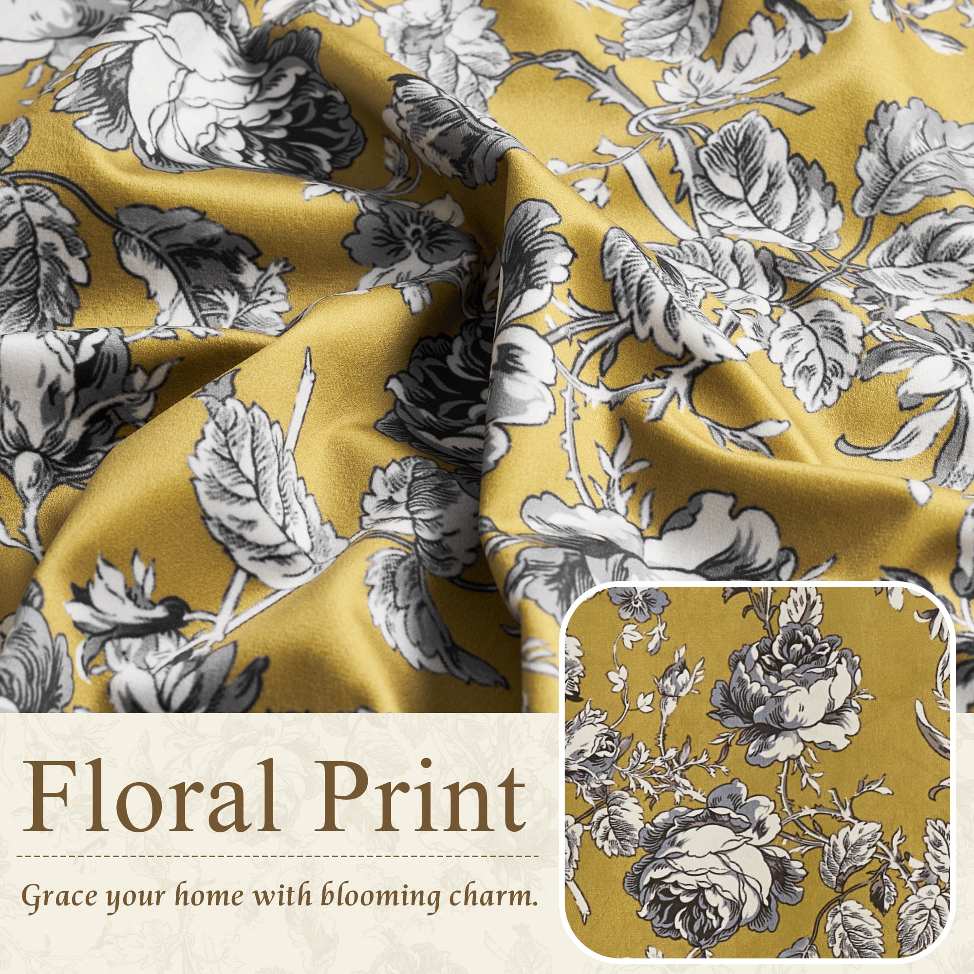 StangH Vintage Floral Velvet Curtains, Rose Patterned Drapes with Privacy Thermal Insulated Neoclassical Style for Dining Room, Mustard Yellow, W52 x L96, 2 Panels