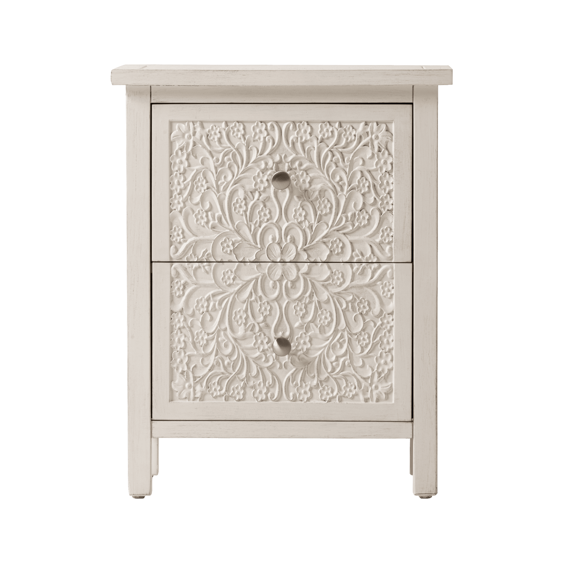 COZAYH Farmhouse Fully-Assembled Nightstand with 2-Drawer, Flower Motif End Table for Small Spaces, French Country, Modern, Distressed Finish, White-Washed