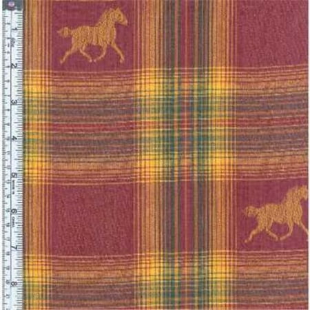 Textile Creations MT-163 Mustang Fabric, Horse Brown On Wine, Green Yellow Plaid, 15 yd.