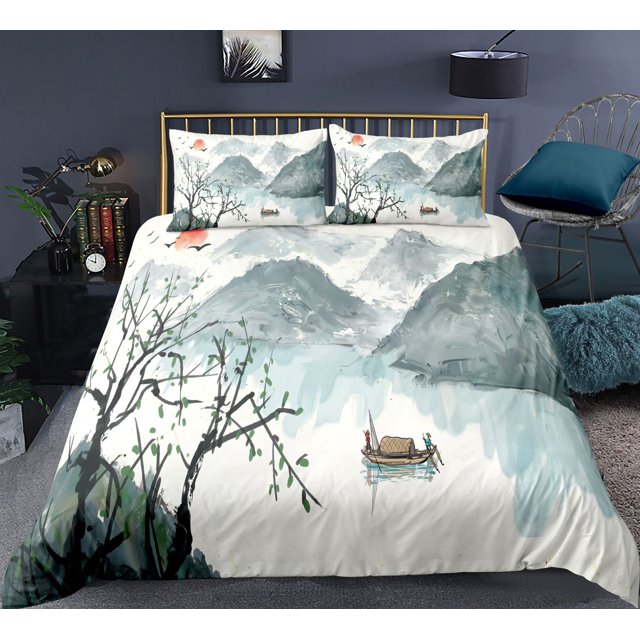 Landscape Painting Bedding Set Scenery Soft Bed Linen Home Decor Single Twin Full Size For Adults Ink And Wash Duvet Cover Set