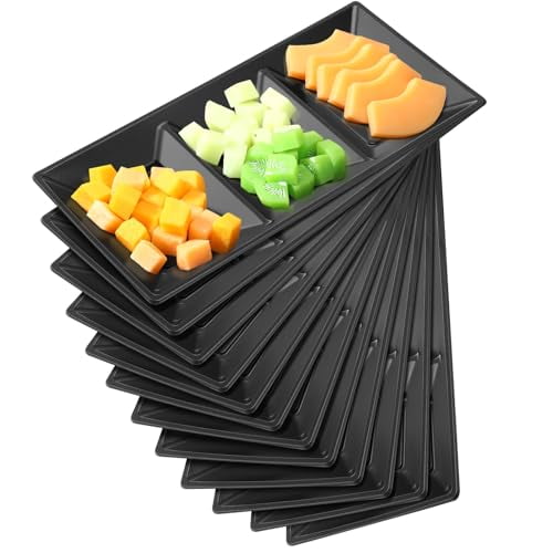 20pcs Black 3 Section Serving Tray Bulk Serving Dish Compartment Appetizer Tray Plastic Dessert Platter Divided Disposable Plate for a Tini Bit Older Party