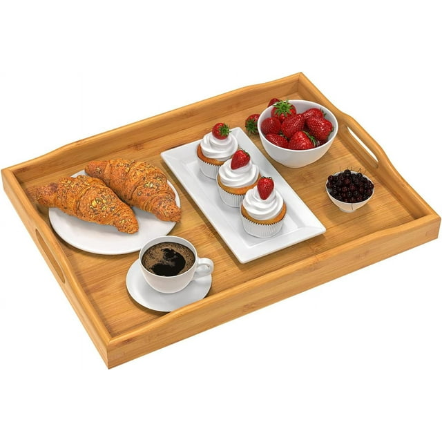 Bandeja de bambú ecológica para servir, versátil para comer, trabajar, decorar y almacenar, con asas anchas y bordes envolventes, superficie resistente al agua, fácil limpieza y mantenimiento, liviana