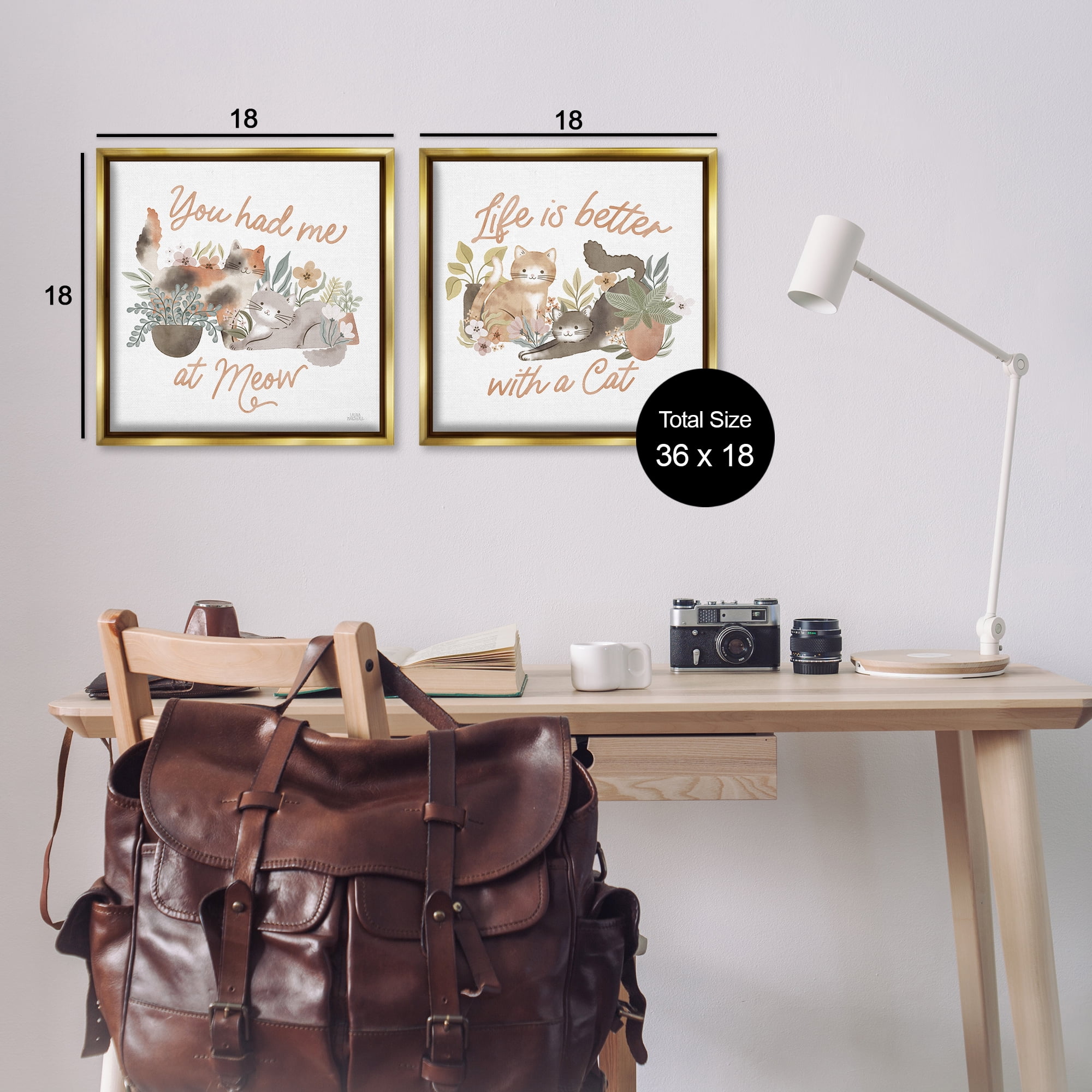 Stupell Industries Garden Friends Cat Phrases Animals Painting Gold Floater Framed Canvas Art Print Wall Art, 18 x 18, Set of 2