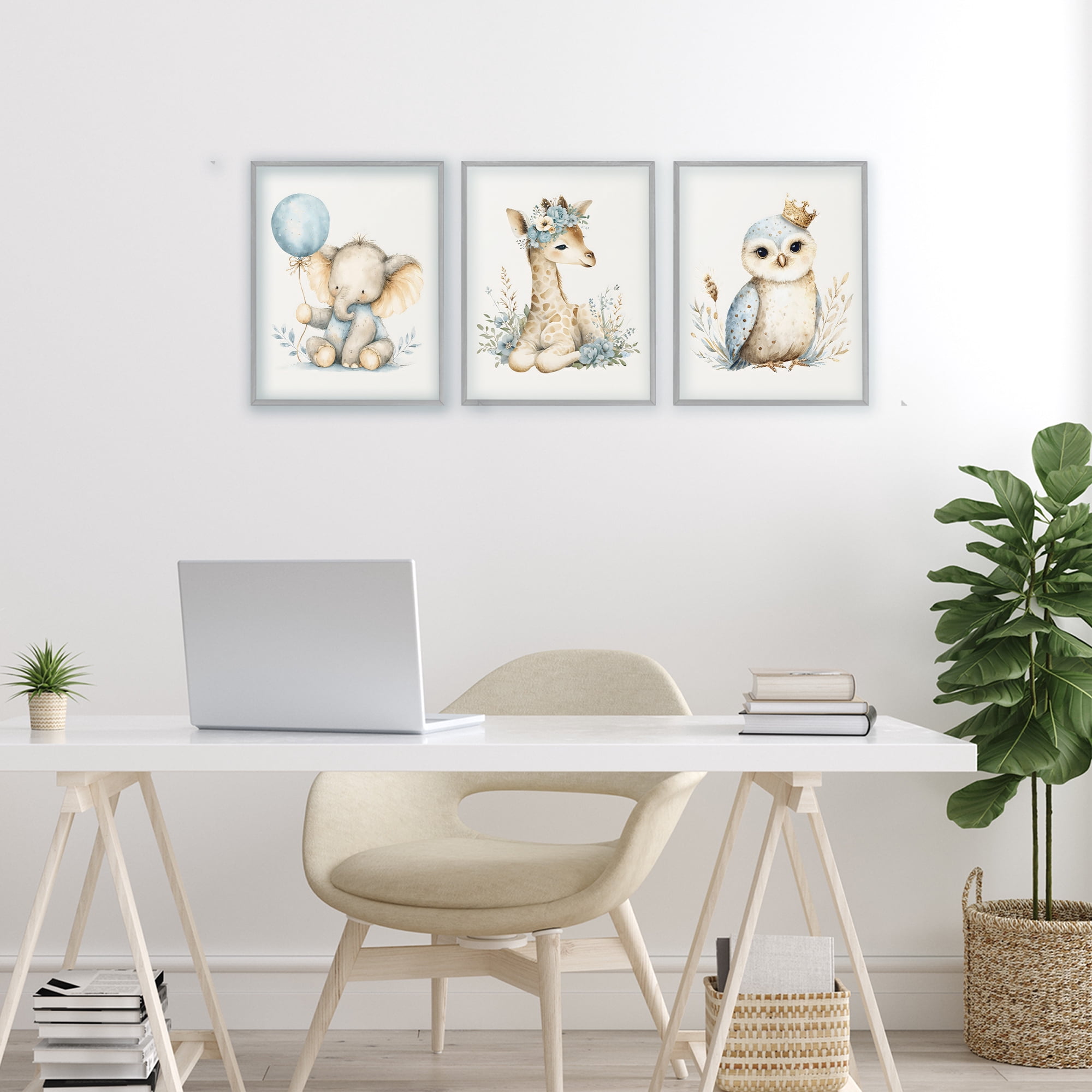Stupell Industries Watercolor Nursery Animals 3 Piece Gray Framed Giclee Art Set, design by LSR Design Studio
