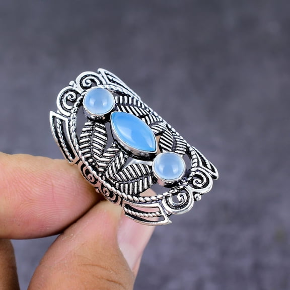 Natural Aqua Chalcedony Gemstone Handmade 925 Sterling Silver Ring Size 7.5