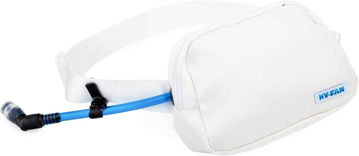 HY-FAN Hydration Fanny Pack with Bladder, 17oz BPA-Free, Hands-Free Design, Secure Pockets, Ideal for Athletic Outdoor Activities, Travel and More - White