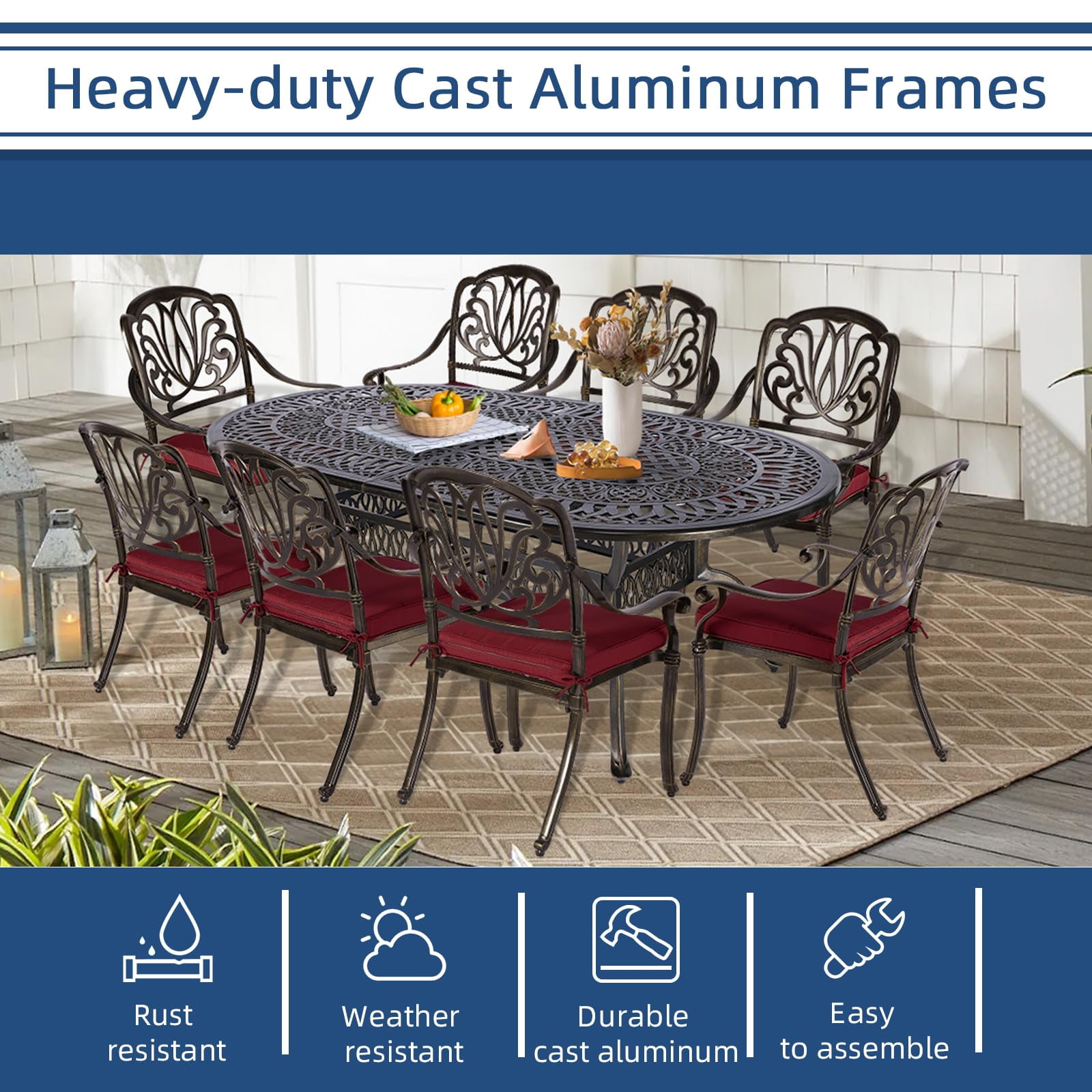 9-Piece Patio Cast Aluminum Dining Set, Outdoor Dining Furniture Set for 8 Person, Includes 84" Oval Table and 8 Cushioned Chairs with Umbrella Hole for Patio Deck Garden, Red