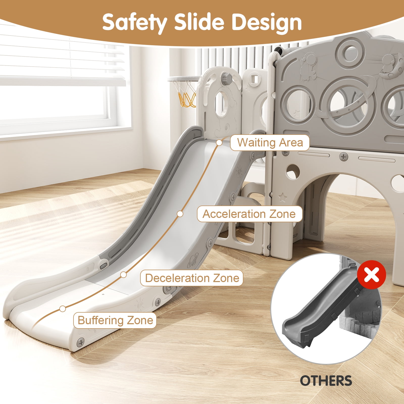 Kinsuite 8-in-1 Toddler Slide Set - Stair Slide for Toddlers 1-3 with Basketball Hoop, Ball, Storage Space & Telescope, Astronaut-Themed Indoor & Outdoor Playground Playset (Grey)
