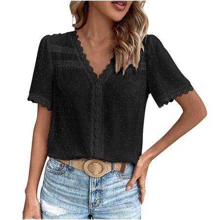 

Dianli Corset Tops For Women V-Neck Tunic Swiss Dot Print Short Sleeve Summer T-Shirts Fashion Casual Loose Fancy Lace Tops Blouses Black XL