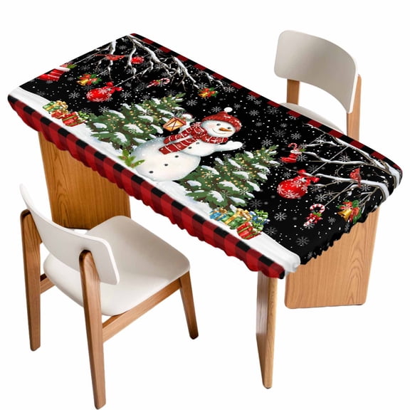 Black Red Christmas Table Cloths for 6 Foot Rectangle Tables, Snowman Xmas Tree Snowflake Plaid Patio Waterproof Elastic Fitted Tablecloths, Washable Rectangular Table Cover for Camping