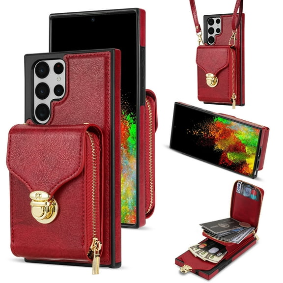 Feishell Crossbody Wallet Case for Samsung Galaxy S22 Ultra,with Detachable Shoulder Strap,Premium PU Leather Metal Snap Zipper Pocket Credit Card Holder Kickstand Phone Case for Women Men,Red