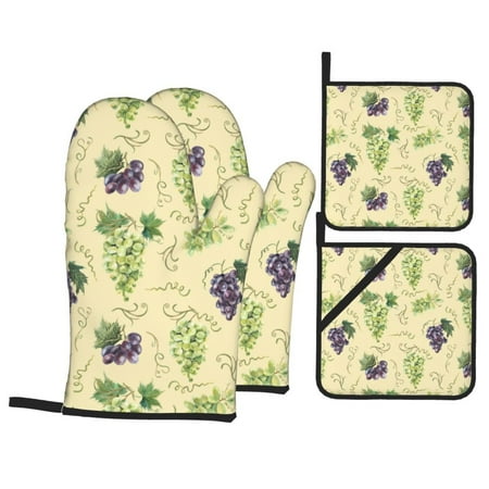 

Oven Mitts and Pot Holders 4 pcs Set Green And Purple Grapes Heat Resistant Pot Holders Oven Mitts for kitchen Non-Slip Hanging Loop Oven Glove Potholders for Baking Cooking