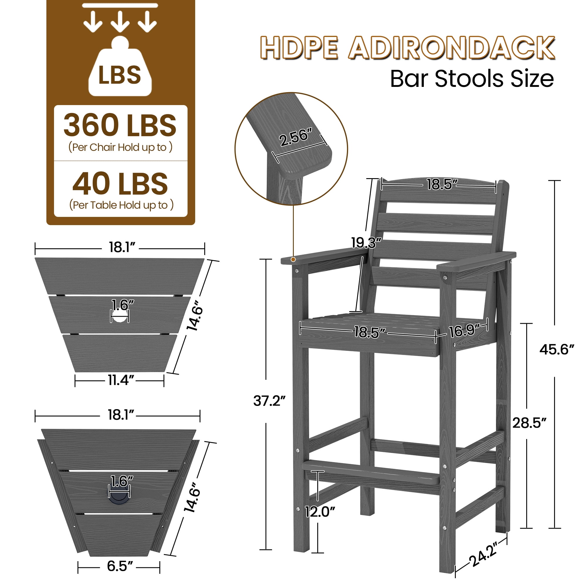 SERWALL Tall Adirondack Chairs Set of 2 with Connecting Table, HDPE Adirondack Outdoor Barstools, Grey