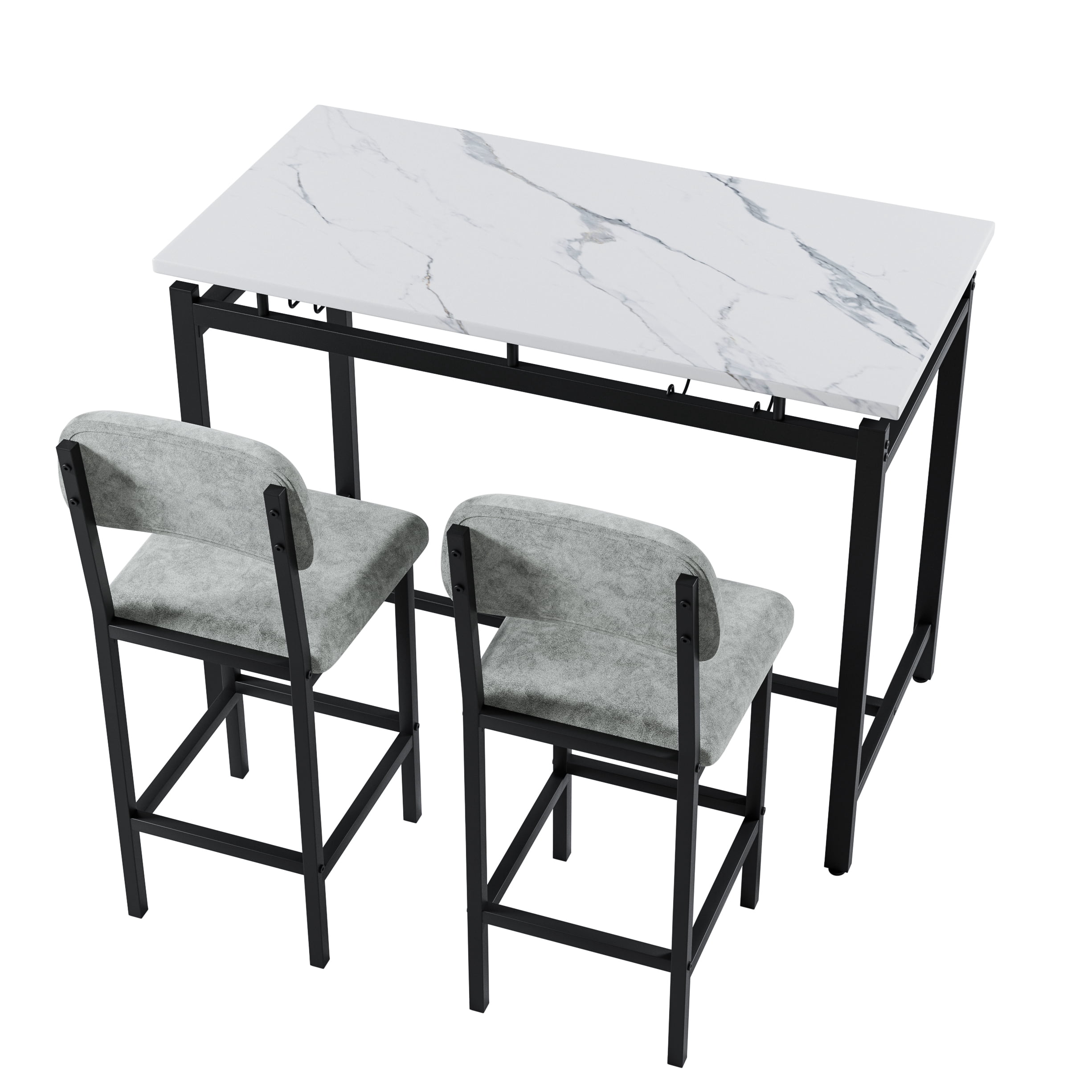 Aukfa Bar Dining Table Set&nbsp;for 2, Kitchen Table Set w/ Wine Rack &Upholstered Chairs for Small Spaces, Gray