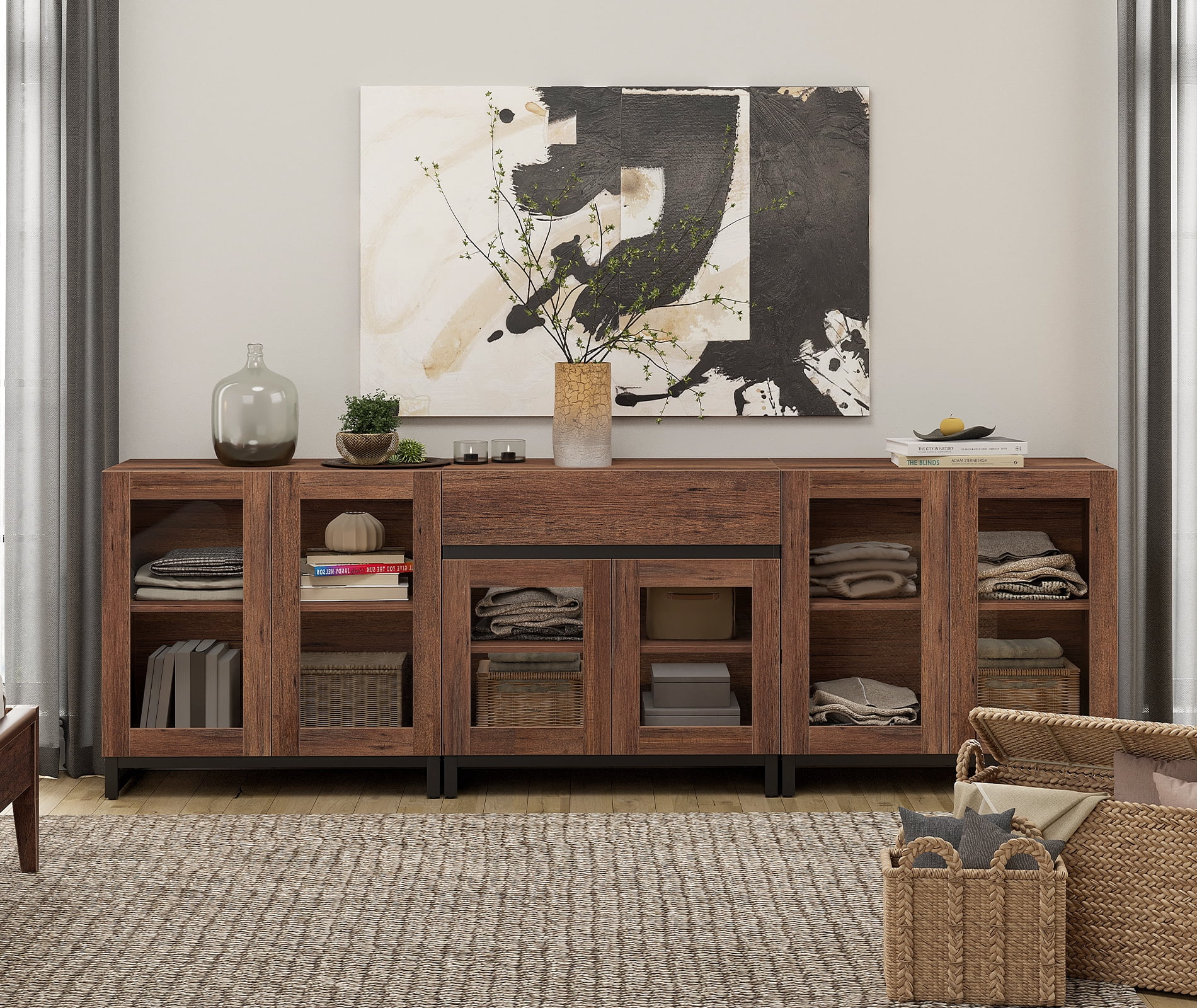 3 In 1 Modern Dresser with Glass Doors, Adjustable Shelves and Drawer, Metal Base Storage Cabinet, Multifunctional Chest Of Drawers for Bedroom Home Storage,Brown