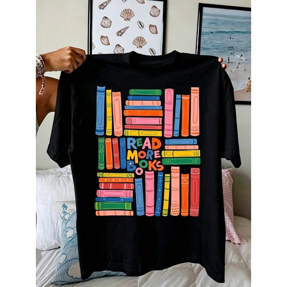 Book Lover T Shirt Women Colorful Stacked Books Graphic Tee Bookish Gift Top Cute Librarian Bookworm Tshirt