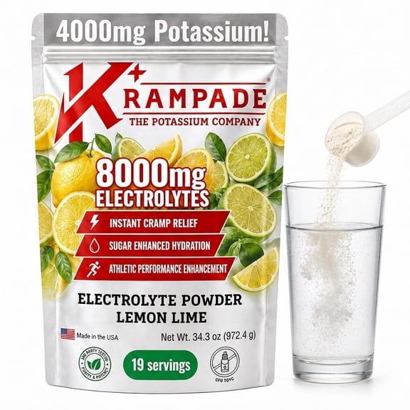 Krampade High Potassium Electrolyte Powder Lemon Lime, 8000mg Electrolytes, 4000mg Potassium, Instant Cramp Relief & Prevention, Cellular Hydration, Better Endurance & Recovery, 19 Serving Bulk Powde