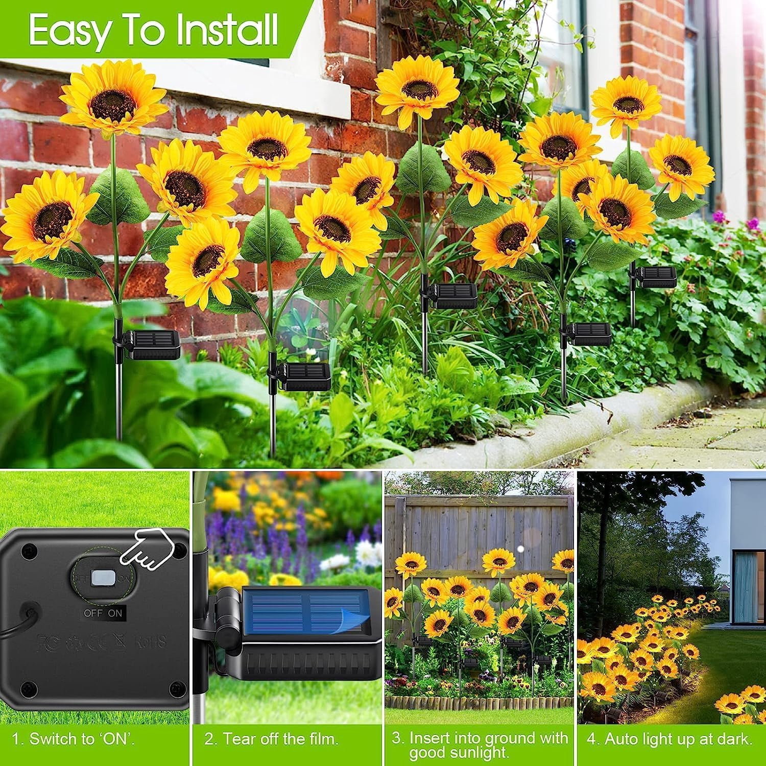 Solar Lights Outdoor Garden Decor, 2Pack Solar Garden Lights with 6 Sunflower & Luminous Stems, Waterproof Solar Outdoor Lights Auto ON/Off Solar Decorative Lights for Garden, Patio, Backyard