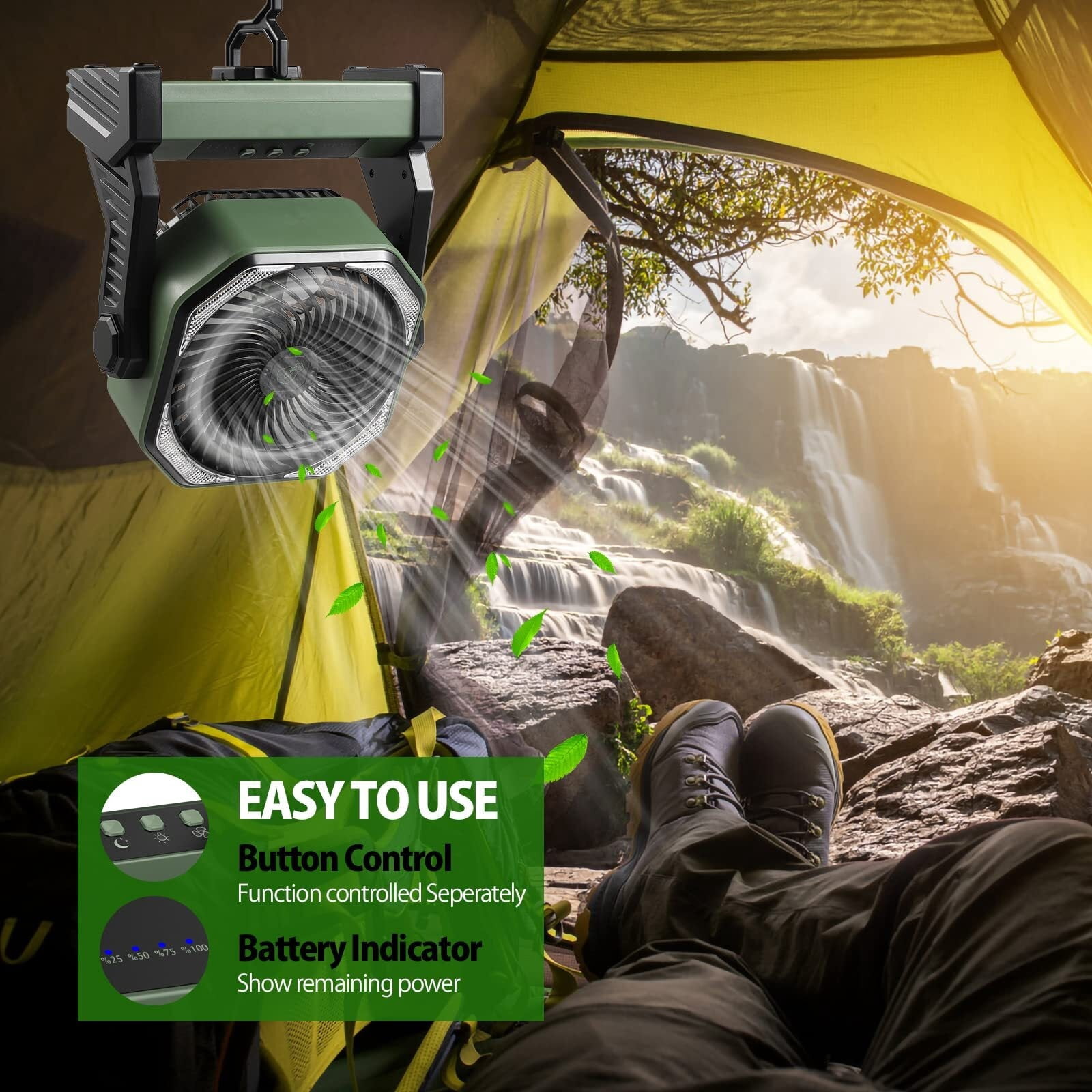 20000mAh Battery Powered Fan, Portable Rechargeable Desktop/Camping Fan with Light and Hook, 270° Rotation 4 Speed ​​Battery Powered Outdoor Fan for Tent, Car Travel, Sleeping, Hurricane,