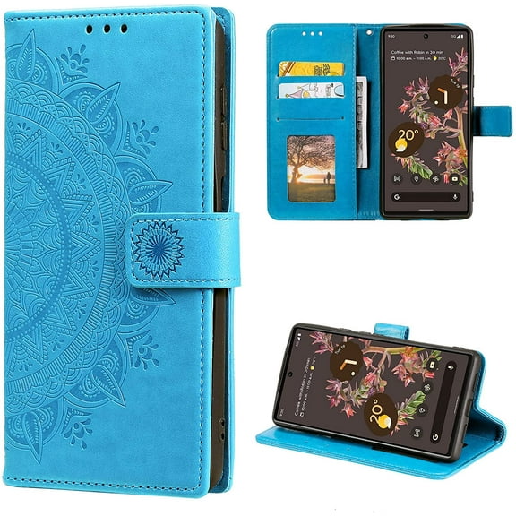 Case for Google Pixel 6, Premium Leather Flip Wallet Case with Card Slots Holder Kickstand Hand Strap Mandala Half Flower Design Embossed Shockproof Cover Case - Blue