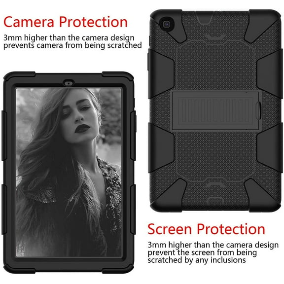 For Samsung Galaxy Tab A 10.1 2019 SM- T510 / T515 Dual layer Shockproof Heavy Duty Hybrid Silicone Kickstand Tablet Case Cover Black/Black