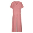 thumbnail image 5 of Feancey Capri Pant Sets for Women Cotton Linen Lounge 2 Piece Outfits Summer Short Sleeve V Neck Tops and Capris Matching Two Piece Set Spring Sale 2025 Pink M, 5 of 6