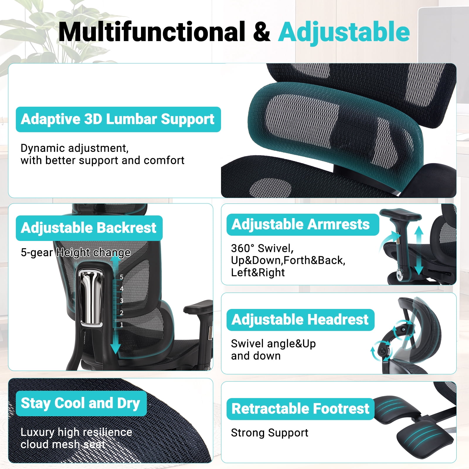 400lbs Ergonomic Office chair with Footrest, High-Back Mesh Desk chair with Adjustable Lumbar Support & Headrest & Armrest, Comfy Computer Gaming chair with Heavy Duty Base for Work, Home & Gaming