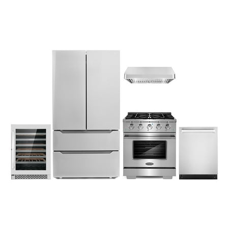Cosmo 5 Piece Kitchen Appliance Packages with 30  Freestanding Dual Fuel Range 30  Under Cabinet Range Hood 24  Built-In Integrated Dishwasher French Door Refrigerator & 48 Bottle Wine Refrigerator