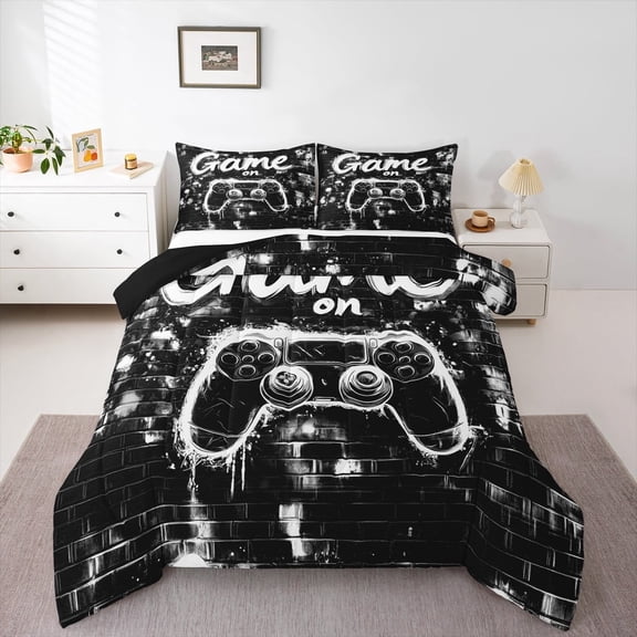 Erosebridal Black Gamepads Bedding Twin Comforter Set,Geometric Plaid Down Comforter,Video Game Bedding Sets Twin with Comforter,Microfiber Gamer Room Decorative,Reversible,3pcs