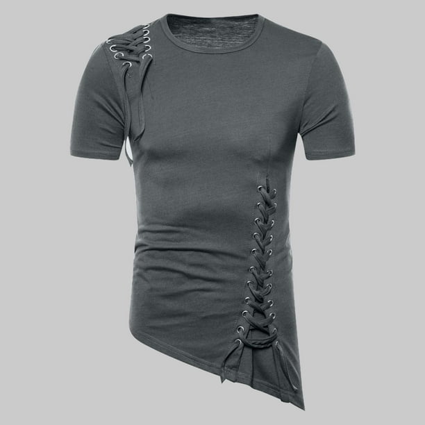 Blusas y camisas de manga corta y cuello redondo para hombre, blusas informales de verano de color liso con cuello redondo y mangas cortas irregulares, blusa de poliéster para hombre.