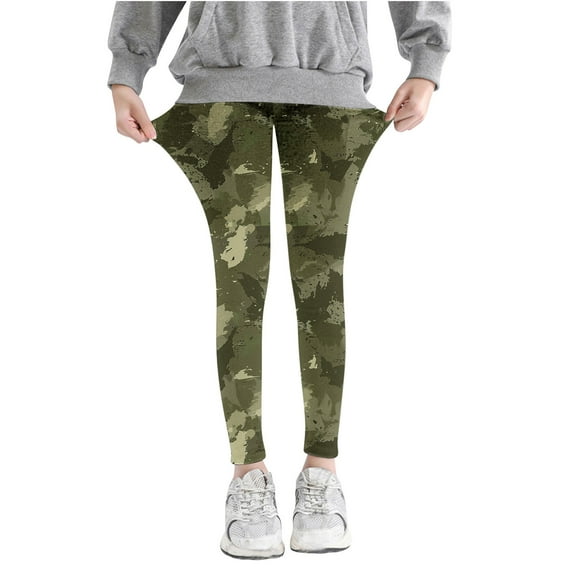 Odeerbi Kids Girls Leggings Camouflage Stretchy Tights Pants High Waist Camouflage Printed Pants Stretchy Soft Tights Kids Summer School Wearing Green