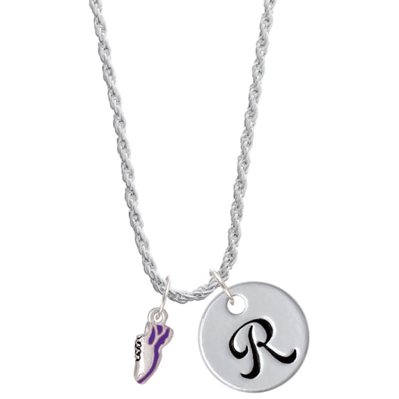 Delight Jewelry Silvertone Mini Purple Running Shoe Silvertone Script Initial Disc - R - Charm Necklace, 20"+3"