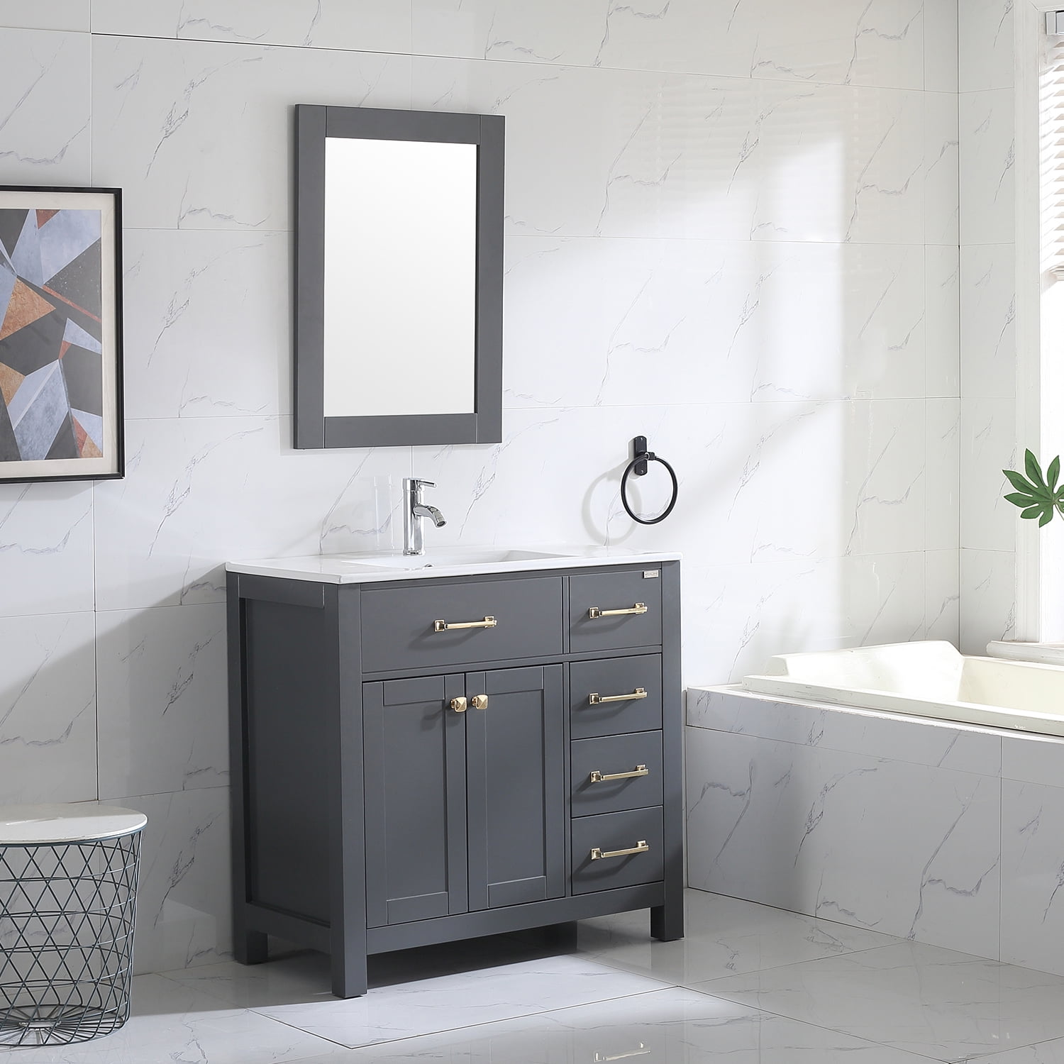 Wonline 36inch Transitional Vanity for Bathroom Cabinet & Undermount Ceramic Vessel Sink Shaker Vanity Set Gray