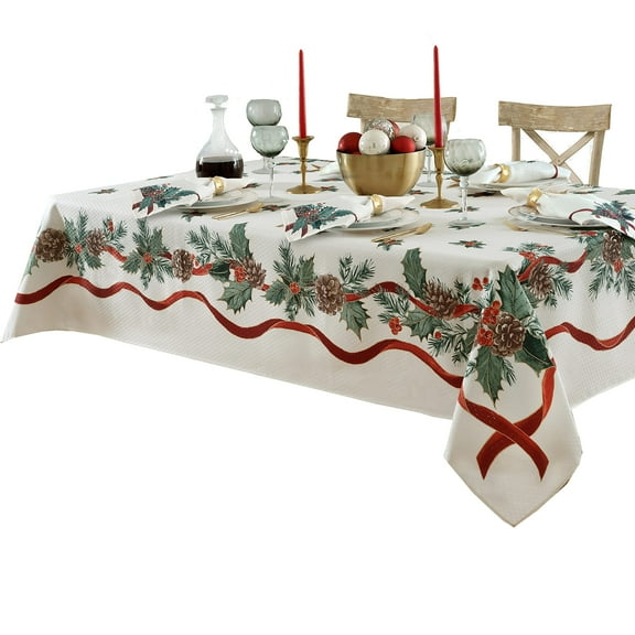 Double Ribbon Bordered Cottage Christmas Tablecloth, Holly and Pine Cone Country Xmas Holiday Easy Care Fabric Tablecloth, 140*200cm ，Rectangle